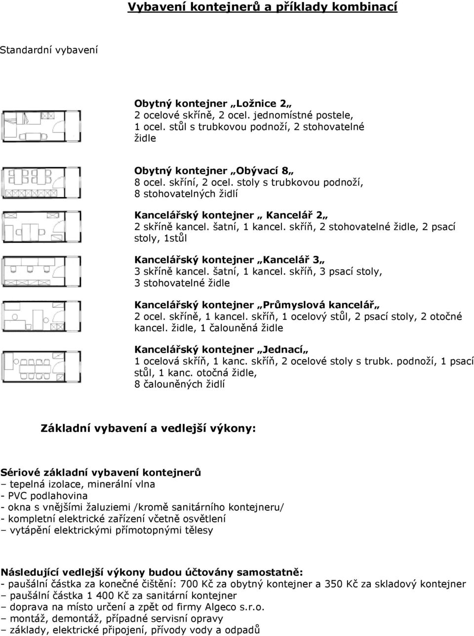 šatní, 1 kancel. skříň, 2 stohovatelné židle, 2 psací stoly, 1stůl Kancelářský kontejner Kancelář 3 3 skříně kancel. šatní, 1 kancel.