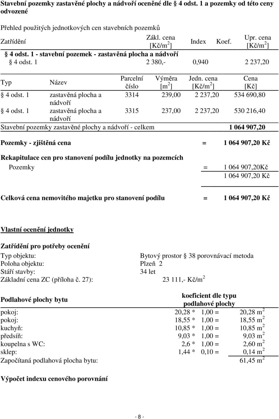cena Cena číslo [m 2 ] [Kč/m 2 ] [Kč] 4 odst. 1 zastavěná plocha a 3314 239,00 2 237,20 534 690,80 nádvoří 4 odst.