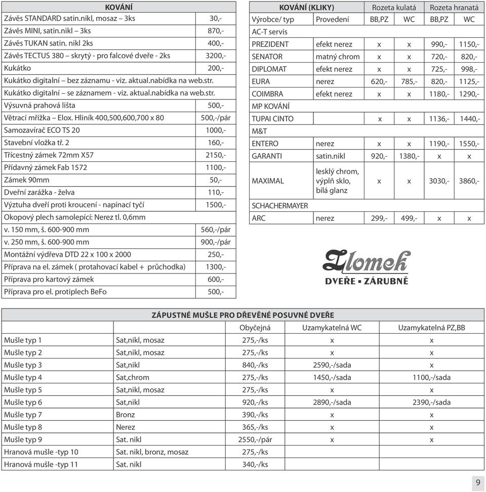 Hliník 400,500,600,700 x 80 500,-/pár Samozavírač ECO TS 20 1000,- Stavební vložka tř.