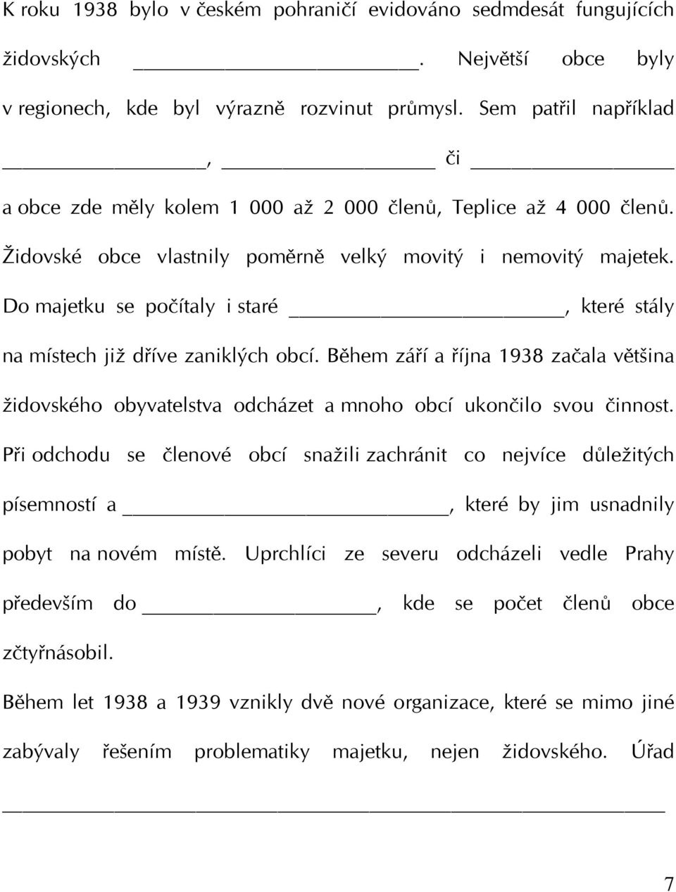 Do majetku se počítaly i staré, které stály na místech již dříve zaniklých obcí. Během září a října 1938 začala většina židovského obyvatelstva odcházet a mnoho obcí ukončilo svou činnost.