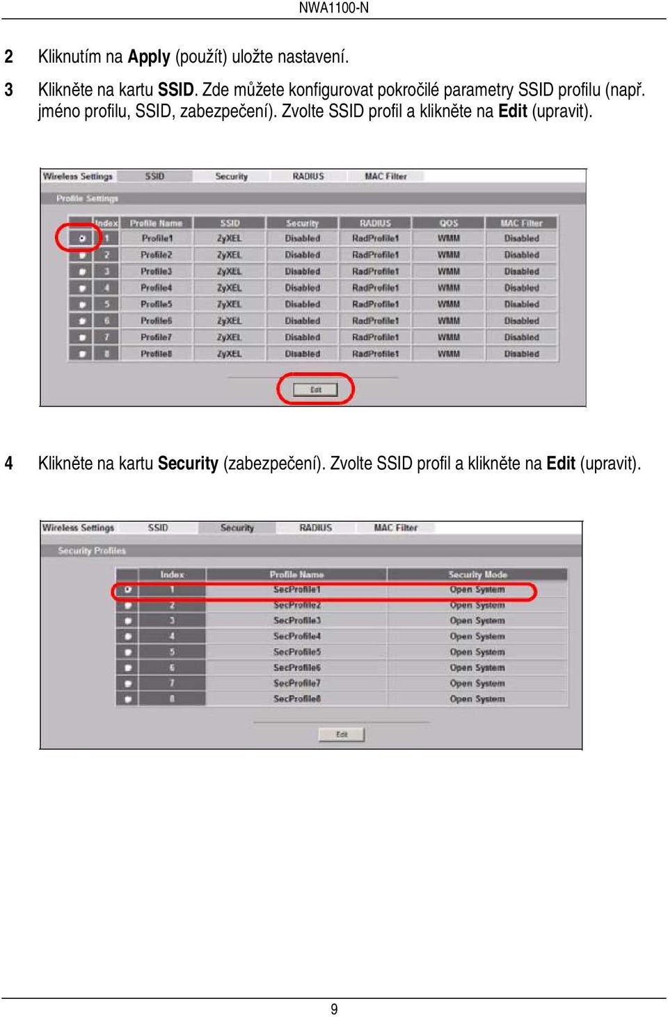 jméno profilu, SSID, zabezpečení).