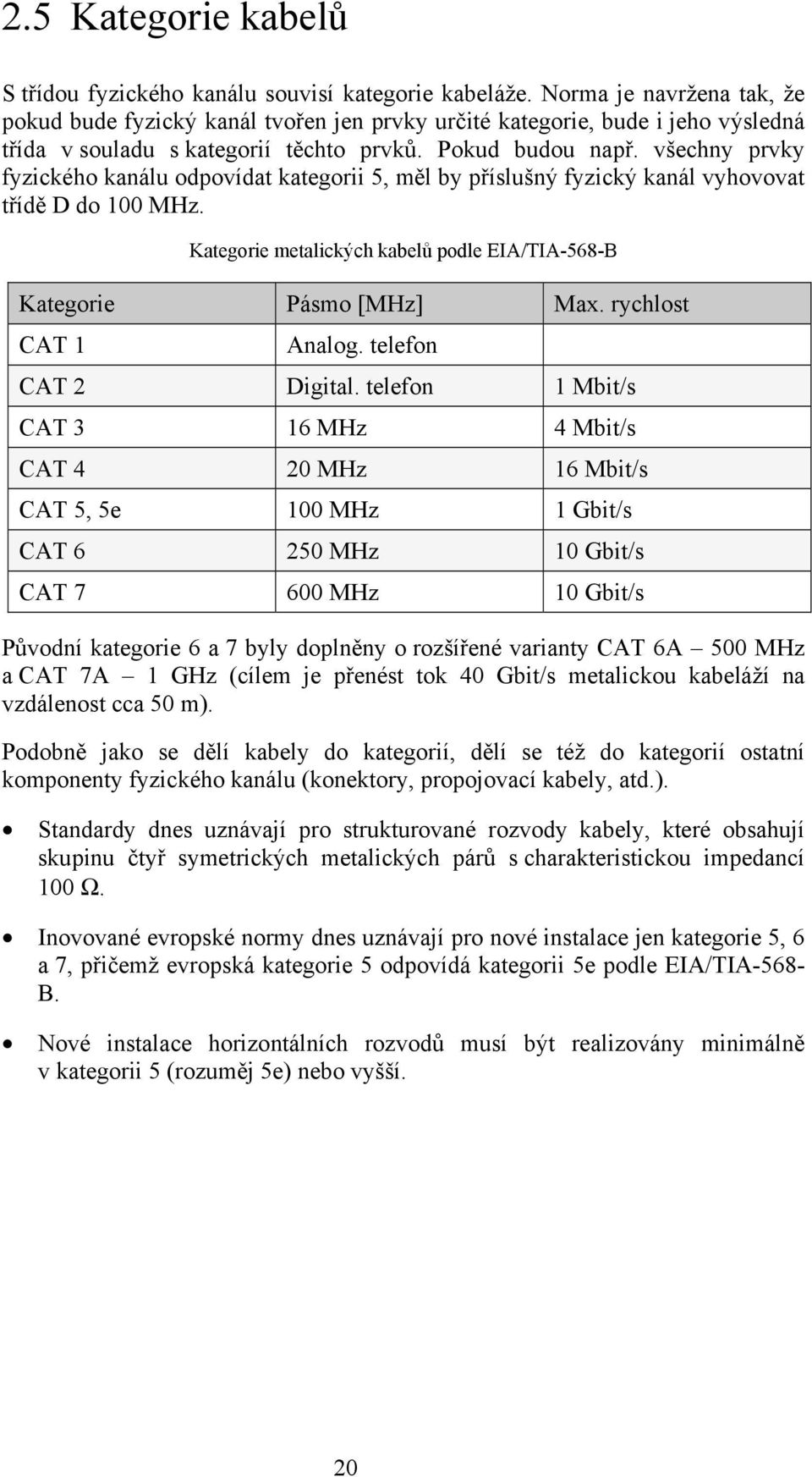 všechny prvky fyzického kanálu odpovídat kategorii 5, měl by příslušný fyzický kanál vyhovovat třídě D do 100 MHz. Kategorie metalických kabelů podle EIA/TIA-568-B Kategorie Pásmo [MHz] Max.