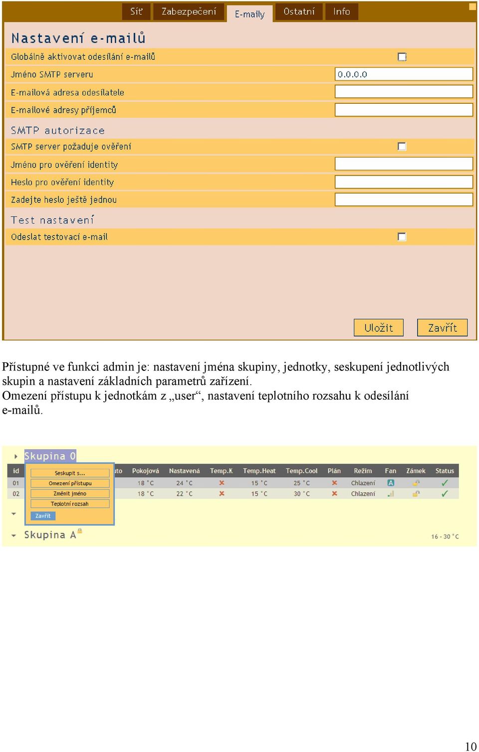 základních parametrů zařízení.