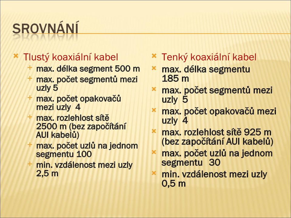 vzdálenost mezi uzly 2,5 m Tenký koaxiální kabel max. délka segmentu 185 m max. počet segmentů mezi uzly 5 max.