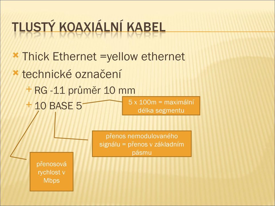 10 BASE 5 délka segmentu přenos nemodulovaného