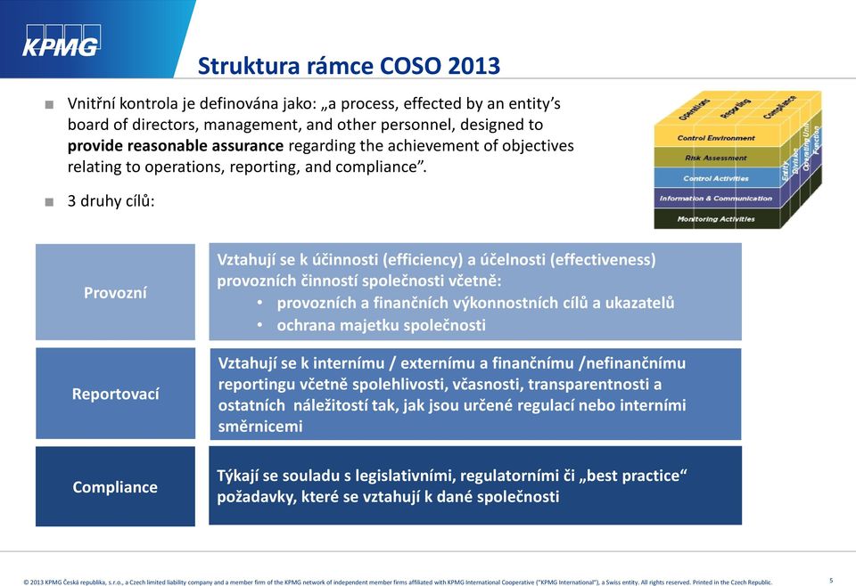 3 druhy cílů: Provozní Reportovací Vztahují se k účinnosti (efficiency) a účelnosti (effectiveness) provozních činností společnosti včetně: provozních a finančních výkonnostních cílů a ukazatelů