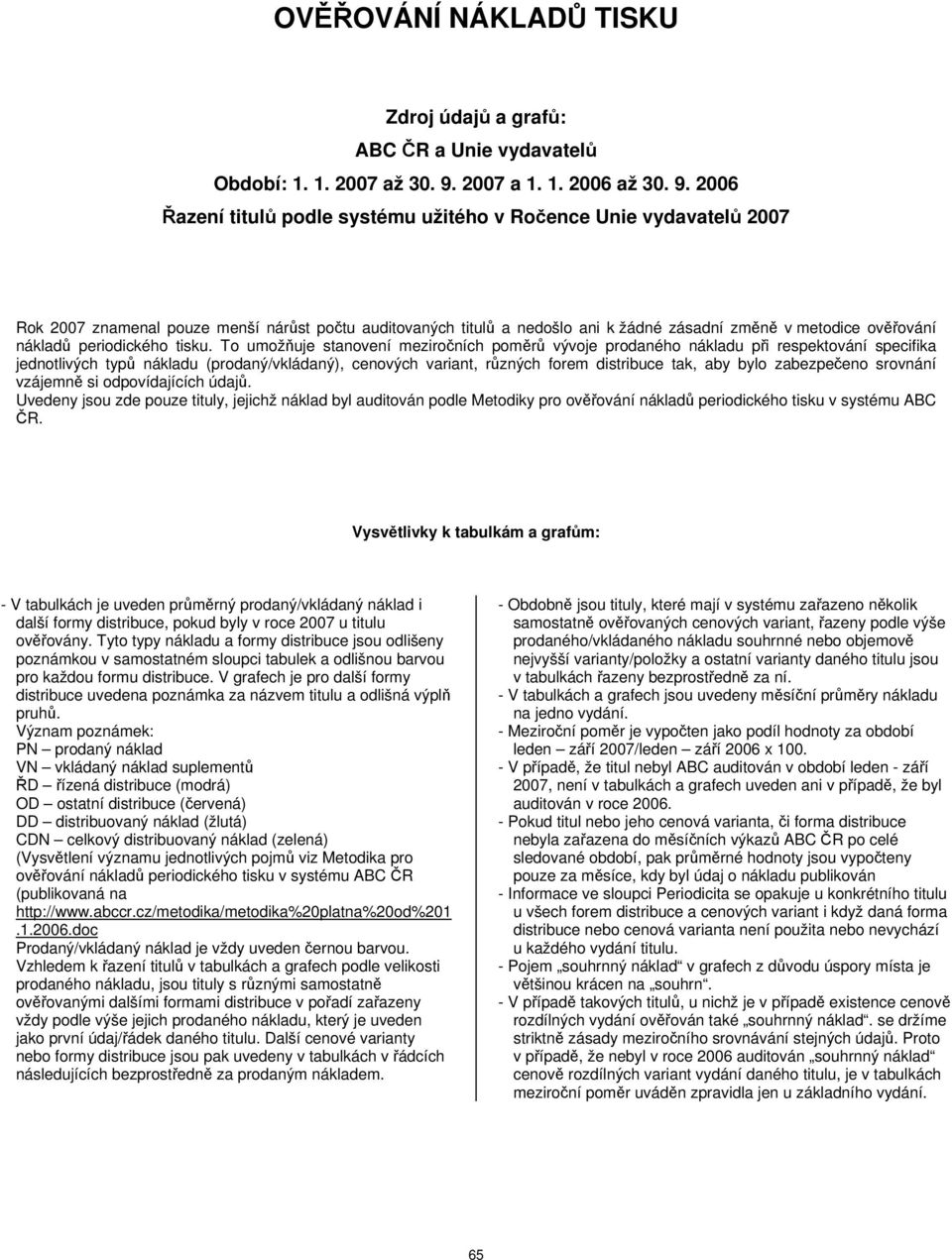 2006 Řazení titulů podle systému užitého v Ročence Unie vydavatelů 2007 Rok 2007 znamenal pouze menší nárůst počtu auditovaných titulů a nedošlo ani k žádné zásadní změně v metodice ověřování nákladů