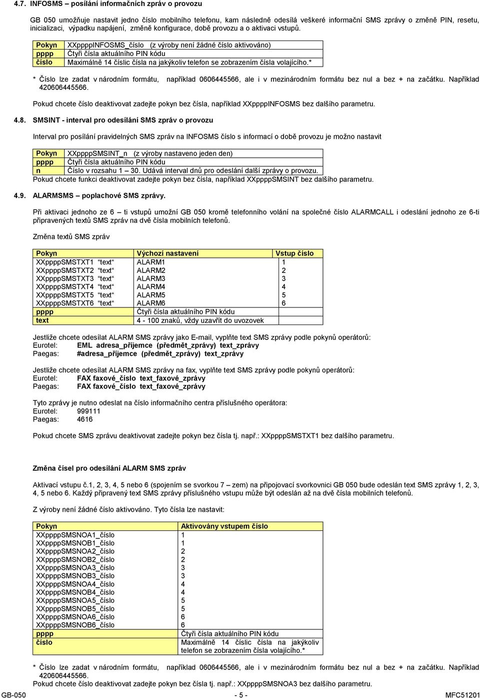 * Pokud chcete deaktivovat zadejte pokyn bez čísla, například XXINFOSMS bez dalšího parametru..8.