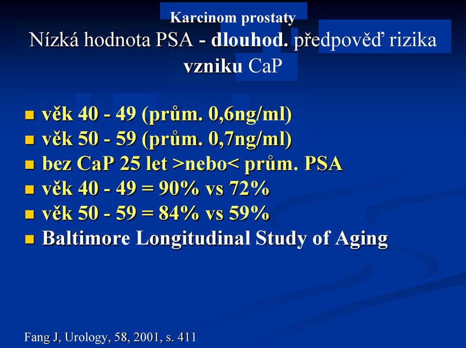 0,6ng/ml) věk 50-59 (prům. 0,7ng/ml) bez CaP 25 let >nebo< prům.