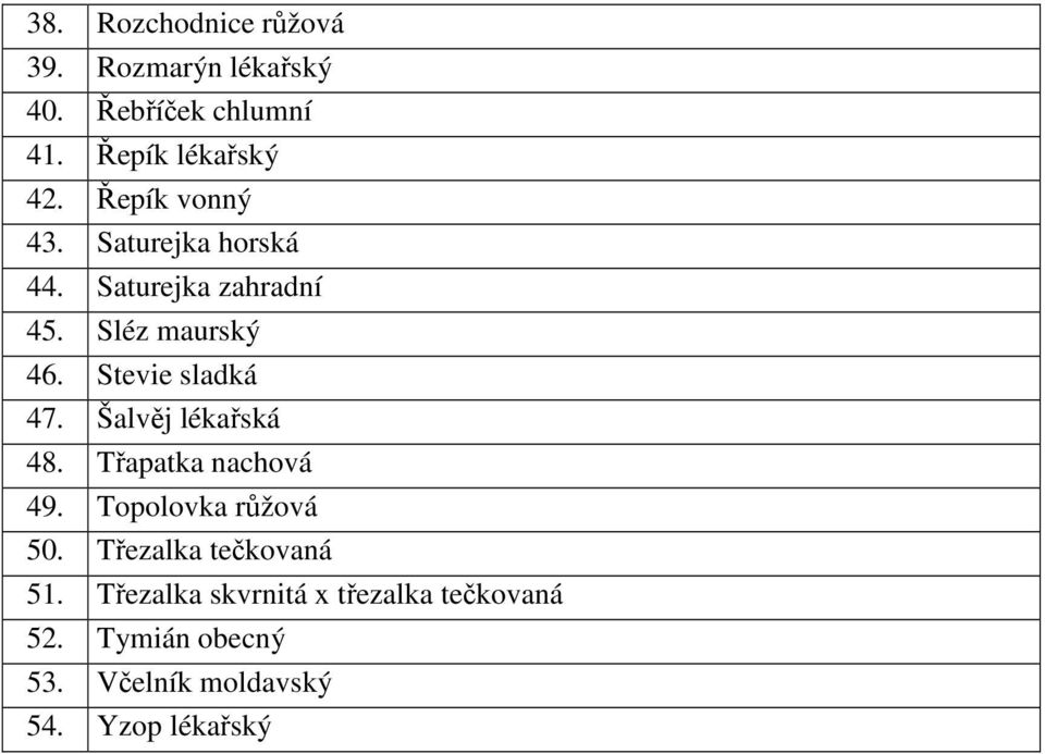 Stevie sladká 47. Šalvěj lékařská 48. Třapatka nachová 49. Topolovka růžová 50.