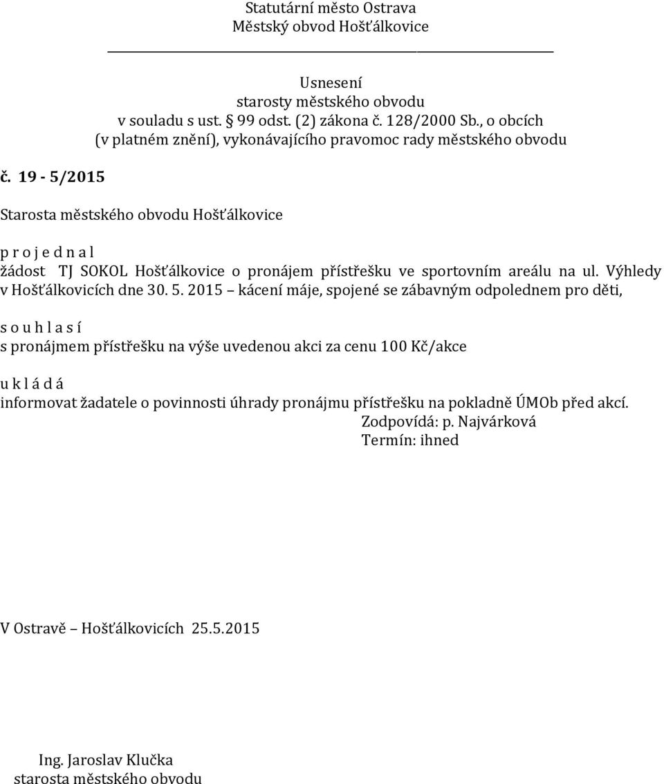 2015 kácení máje, spojené se zábavným odpolednem pro děti, s pronájmem přístřešku na výše uvedenou akci