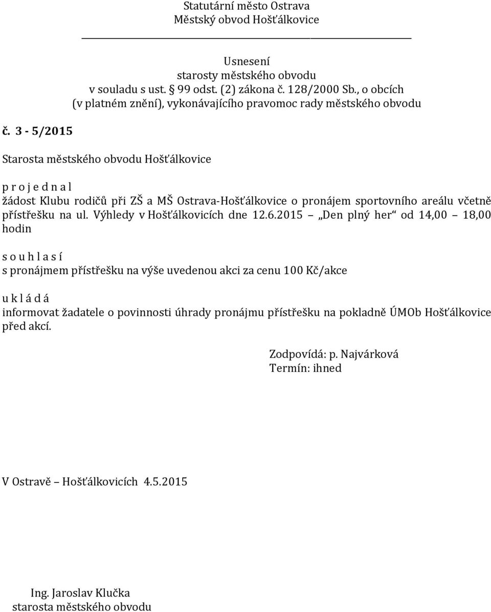 2015 Den plný her od 14,00 18,00 hodin s pronájmem přístřešku na výše uvedenou akci za cenu 100 Kč/akce