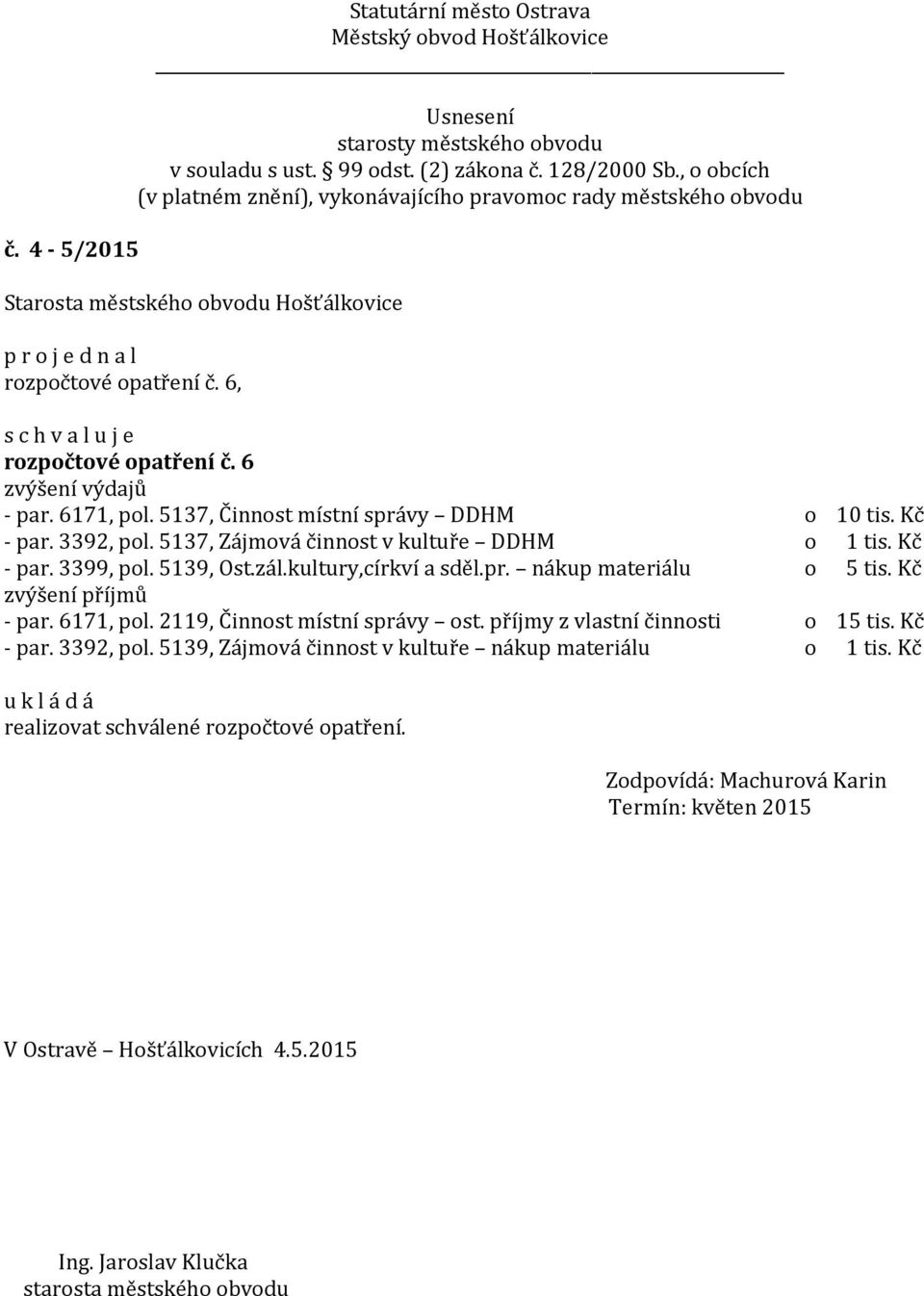 kultury,církví a sděl.pr. nákup materiálu o 5 tis. Kč zvýšení příjmů - par. 6171, pol. 2119, Činnost místní správy ost. příjmy z vlastní činnosti o 15 tis.
