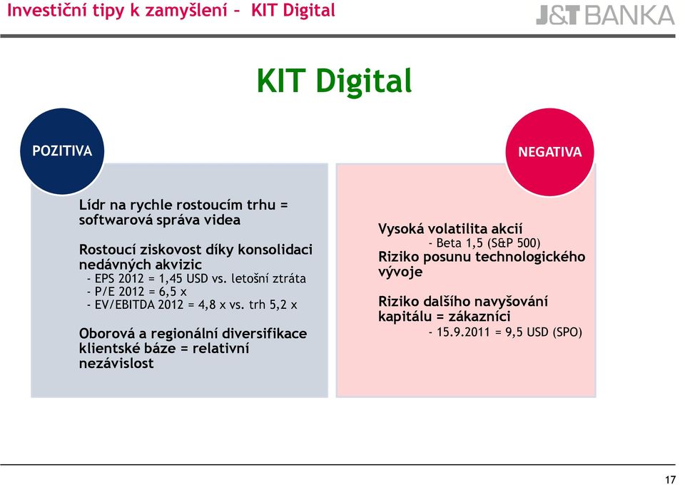 letošní ztráta - P/E 2012 = 6,5 x - EV/EBITDA 2012 = 4,8 x vs.