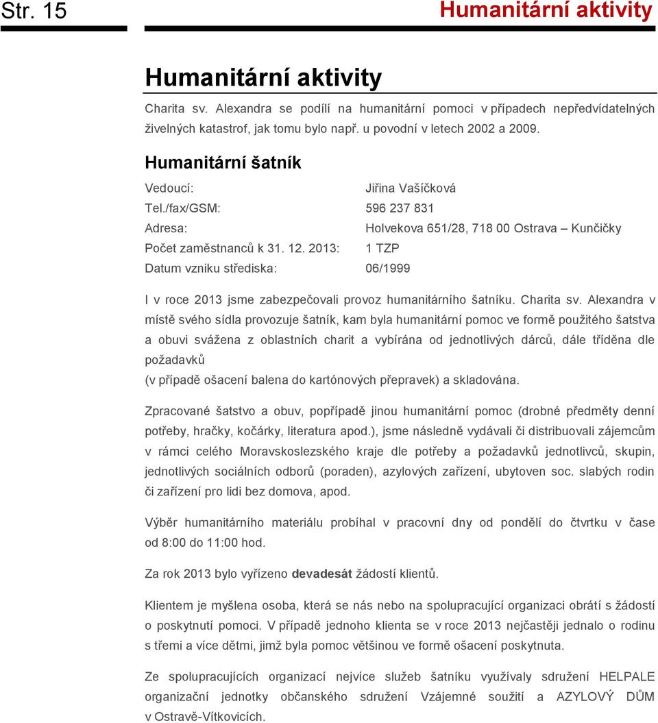 2013: 1 TZP Datum vzniku střediska: 06/1999 I v roce 2013 jsme zabezpečovali provoz humanitárního šatníku. Charita sv.