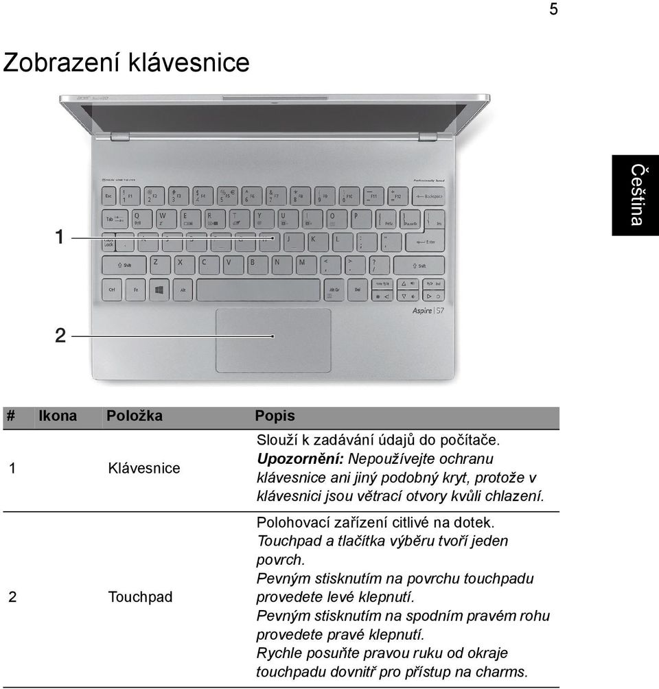 Polohovací zařízení citlivé na dotek. Touchpad a tlačítka výběru tvoří jeden povrch.