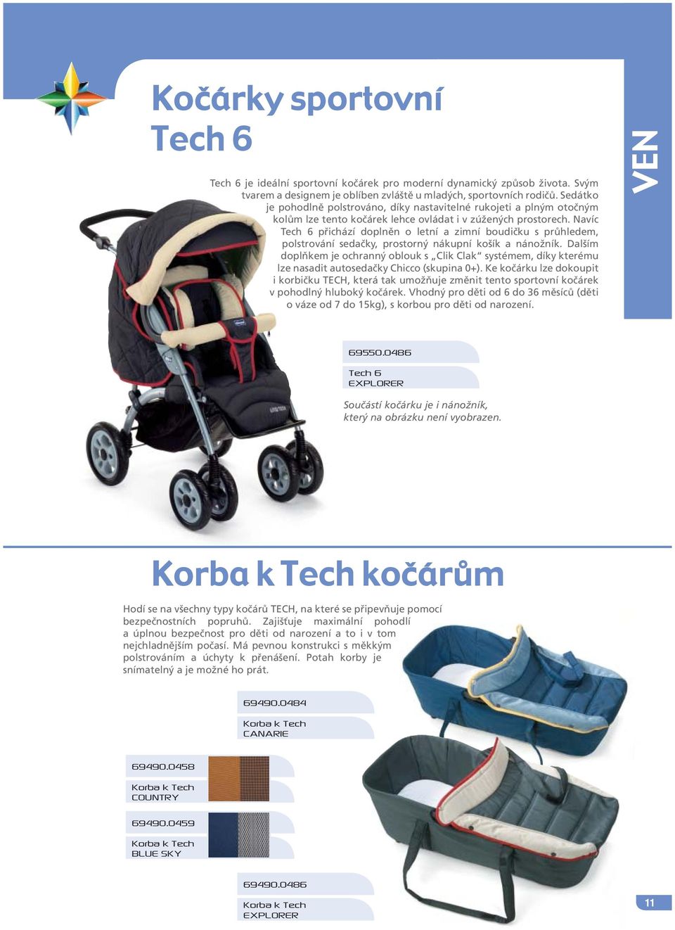 Navíc Tech 6 přichází doplněn o letní a zimní boudičku s průhledem, polstrování sedačky, prostorný nákupní košík a nánožník.