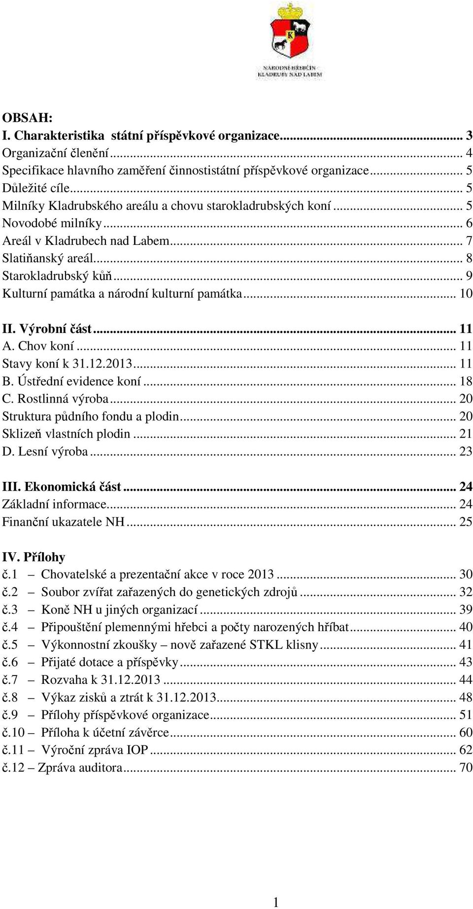 .. 9 Kulturní památka a národní kulturní památka... 10 II. Výrobní část... 11 A. Chov koní... 11 Stavy koní k 31.12.2013... 11 B. Ústřední evidence koní... 18 C. Rostlinná výroba.