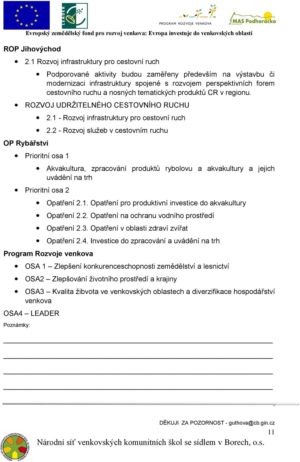 tematických produktů CR v regionu. ROZVOJ UDRŽITELNÉHO CESTOVNÍHO RUCHU OP Rybářství 2.1 - Rozvoj infrastruktury pro cestovní ruch 2.