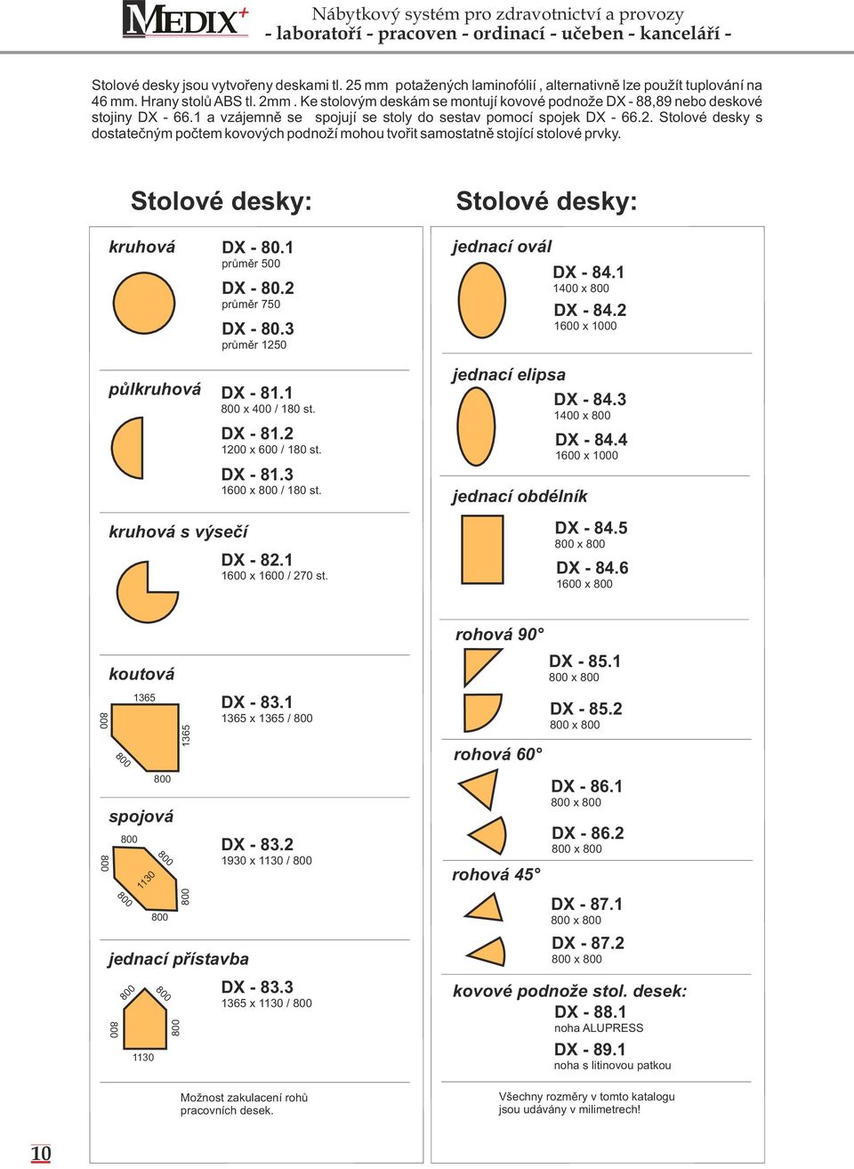 Stolové desky s dostatečným počtem kovových podnoží mohou tvořit samostatně stojící stolové prvky. Stolové desky: Stolové desky: kruhová DX - 80.1 průměr 500 DX - 80.2 průměr 750 DX - 80.