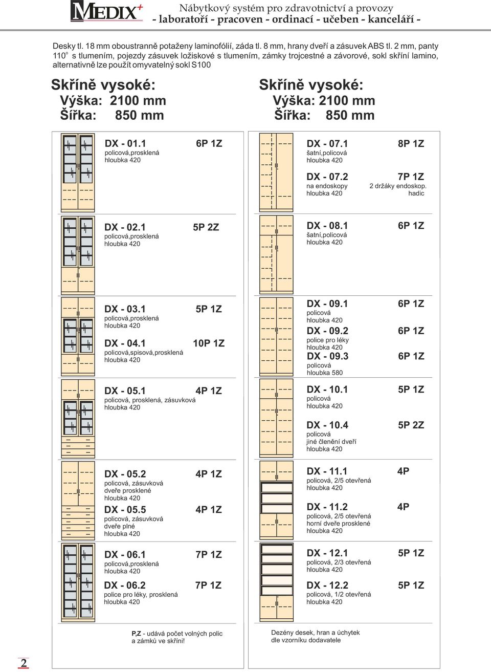 2100 mm Výška: 2100 mm Šířka: 850 mm Šířka: 850 mm DX - 01.1,prosklená DX - 07.1 šatní, 8P DX - 07.2 na endoskopy 7P 2 držáky endoskop. hadic DX - 02.1,prosklená 5P 2Z DX - 08.1 šatní, DX - 03.