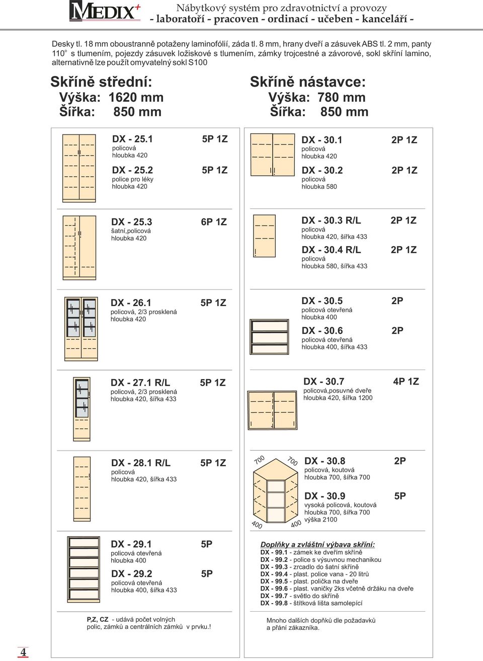 Výška: 1620 mm Výška: 780 mm Šířka: 850 mm Šířka: 850 mm DX - 25.1 DX - 30.1 DX - 25.2 police pro léky DX - 30.2 hloubka 580 DX - 25.3 šatní, DX - 30.3 R/L, šířka 433 DX - 30.
