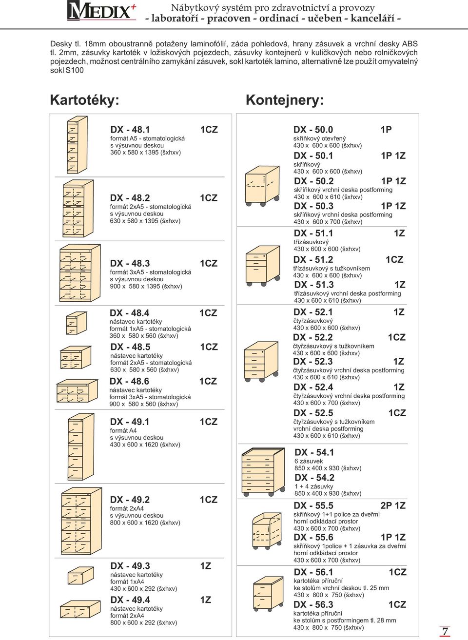 omyvatelný sokl S100 Kartotéky: Kontejnery: DX - 48.1 formát A5 - stomatologická s výsuvnou deskou 360 x 580 x 1395 (šxhxv) DX - 48.