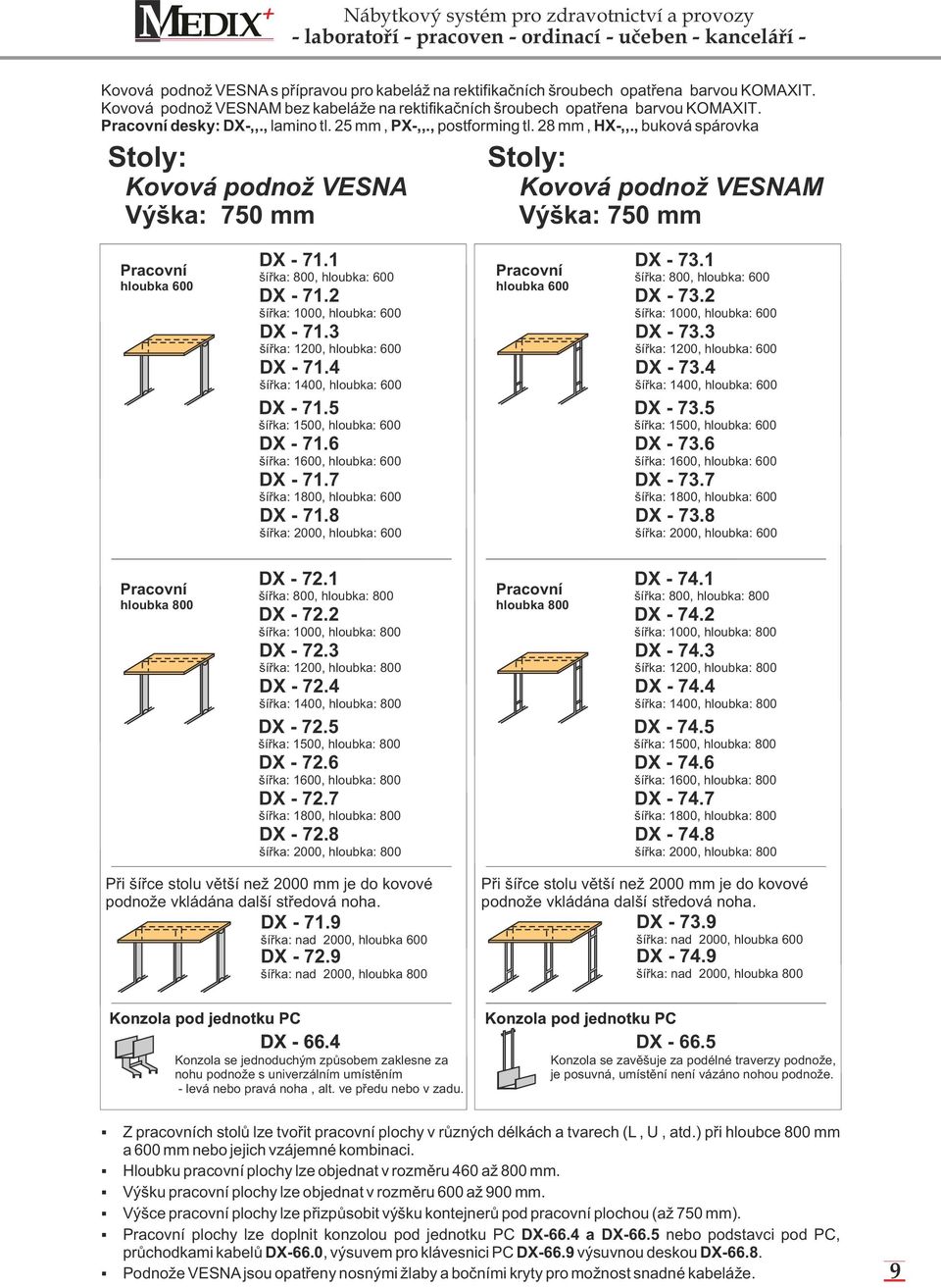 , buková spárovka Stoly: Kovová podnož VESNA Výška: 750 mm Stoly: Kovová podnož VESNAM Výška: 750 mm Pracovní hloubka 600 DX - 71.1 šířka:, hloubka: 600 DX - 71.2 šířka: 1000, hloubka: 600 DX - 71.