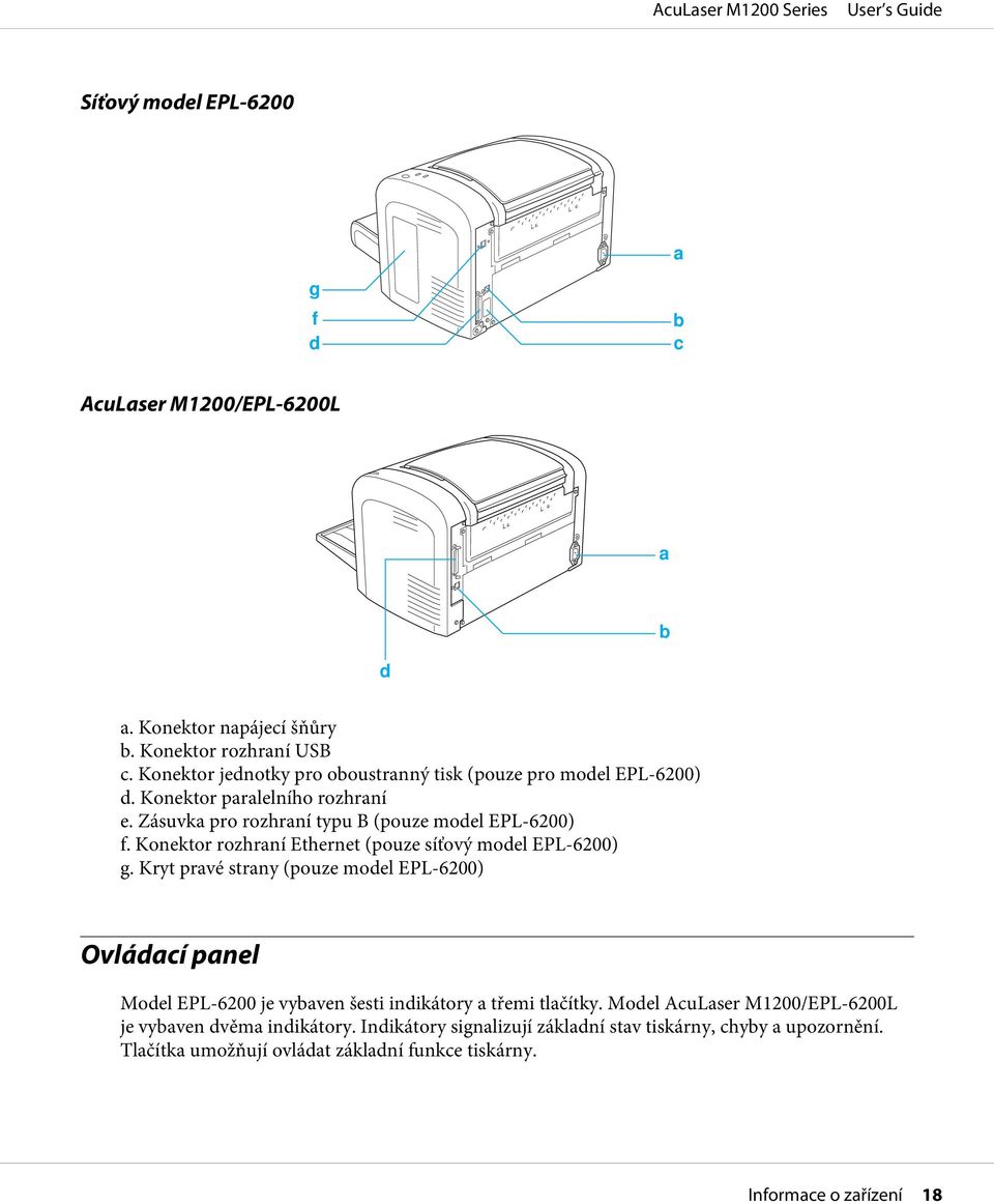 Konektor rozhraní Ethernet (pouze síťový model EPL-6200) g.