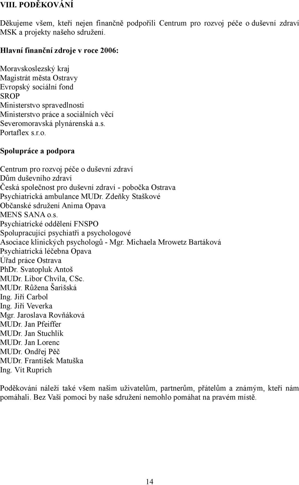 a.s. Portaflex s.r.o. Spolupráce a podpora Centrum pro rozvoj péče o duševní zdraví Dům duševního zdraví Česká společnost pro duševní zdraví - pobočka Ostrava Psychiatrická ambulance MUDr.