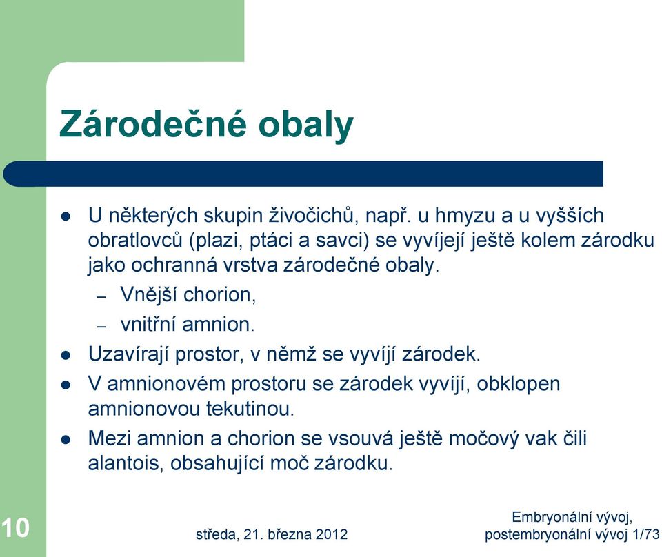 vrstva zárodečné obaly. Vnější chorion, vnitřní amnion. Uzavírají prostor, v němž se vyvíjí zárodek.