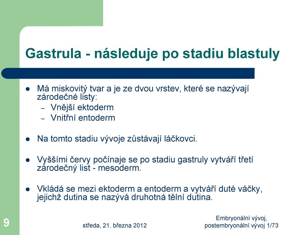 láčkovci. Vyššími červy počínaje se po stadiu gastruly vytváří třetí zárodečný list - mesoderm.