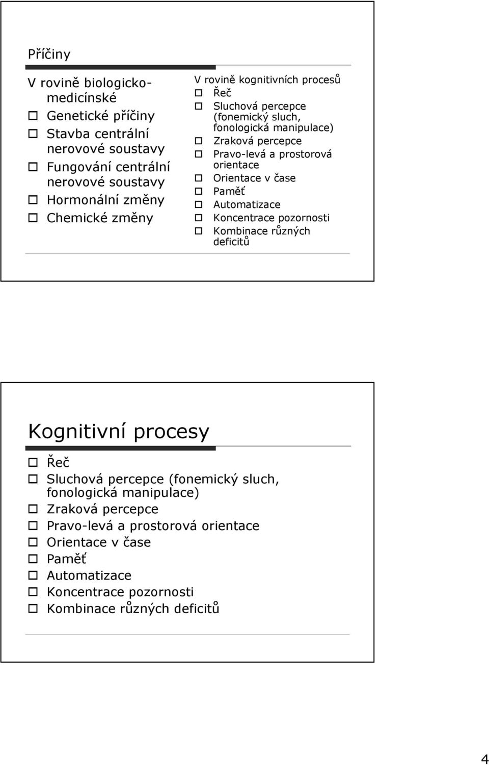 orientace Orientace v čase Paměť Automatizace Koncentrace pozornosti Kombinace různých deficitů Kognitivní procesy Řeč Sluchová percepce (fonemický