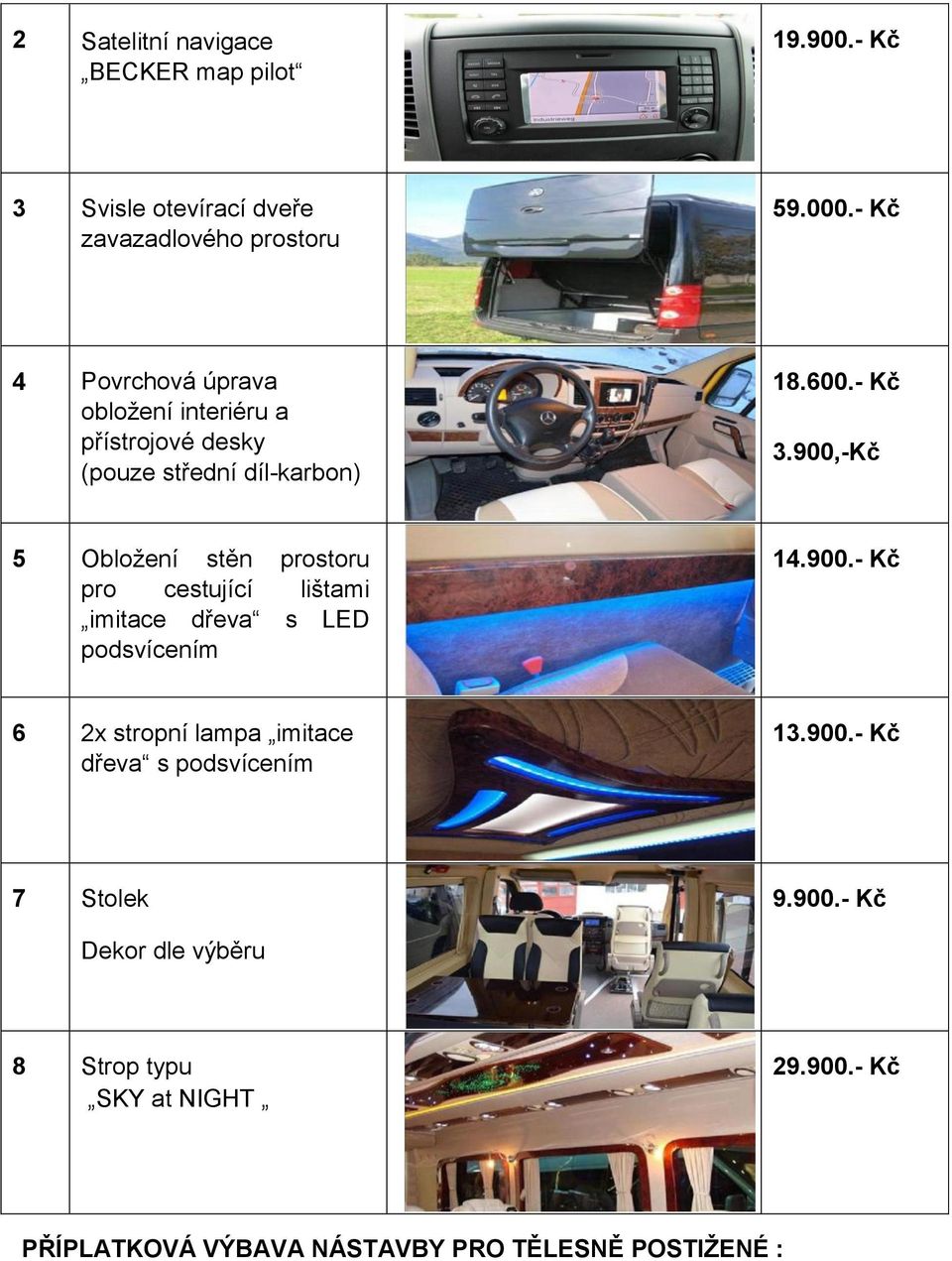 900,-Kč 5 Obložení stěn prostoru pro cestující lištami imitace dřeva s LED podsvícením 14.900.- Kč 6 2x stropní lampa imitace dřeva s podsvícením 13.