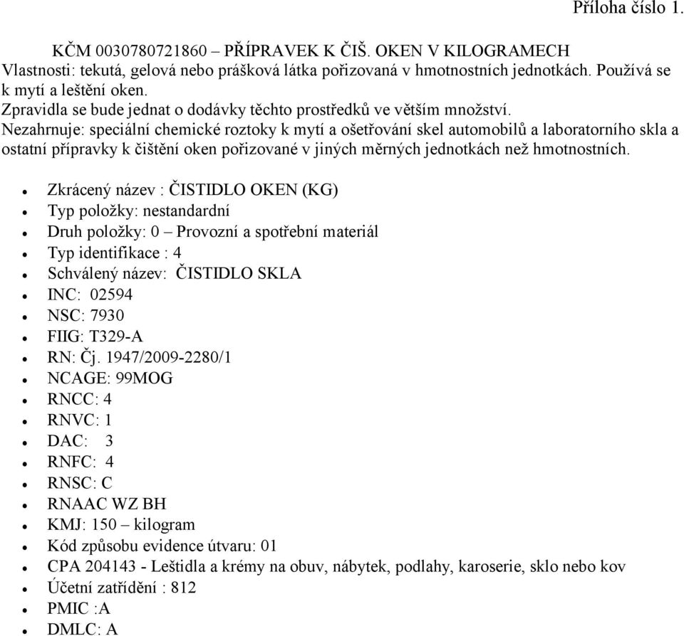 Používá se k mytí a leštění oken. Zpravidla se bude jednat o dodávky těchto prostředků ve větším množství.