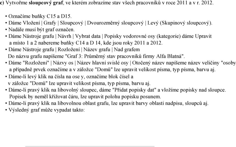 Dáme Nástroje grafu Rozložení Název grafu Nad grafem Do názvu grafu napíšeme "Graf 3: Průměrný stav pracovníků firmy Alfa Blatná".