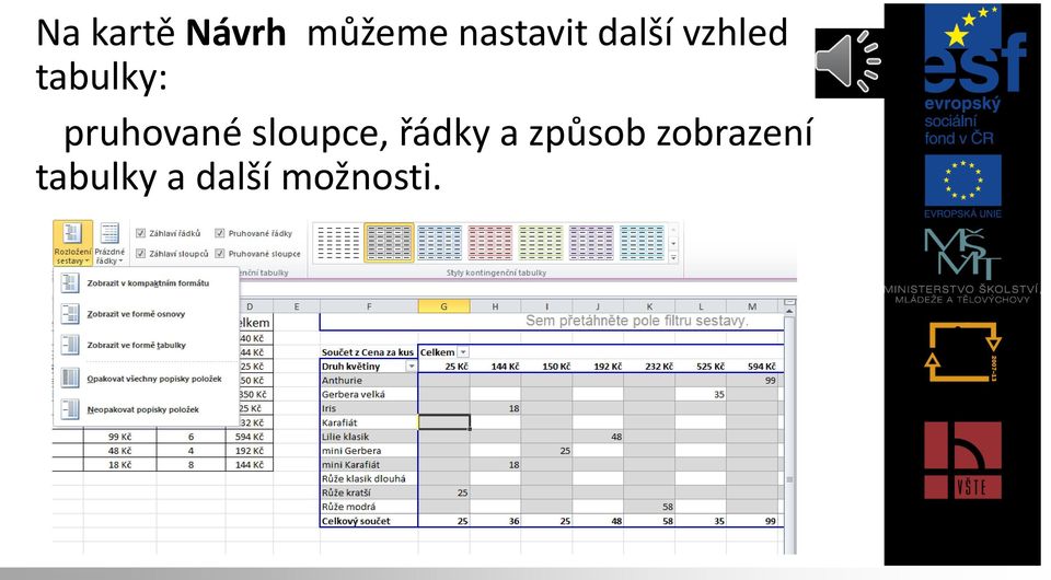 pruhované sloupce, řádky a