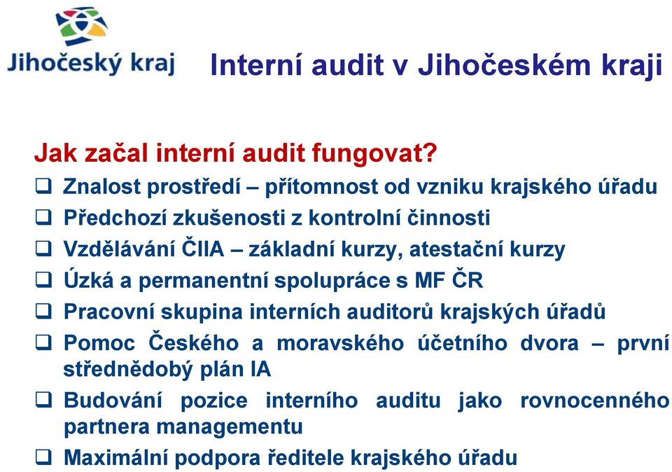 základní kurzy, atestační kurzy Úzká a permanentní spolupráce s MF ČR Pracovní skupina interních auditorů