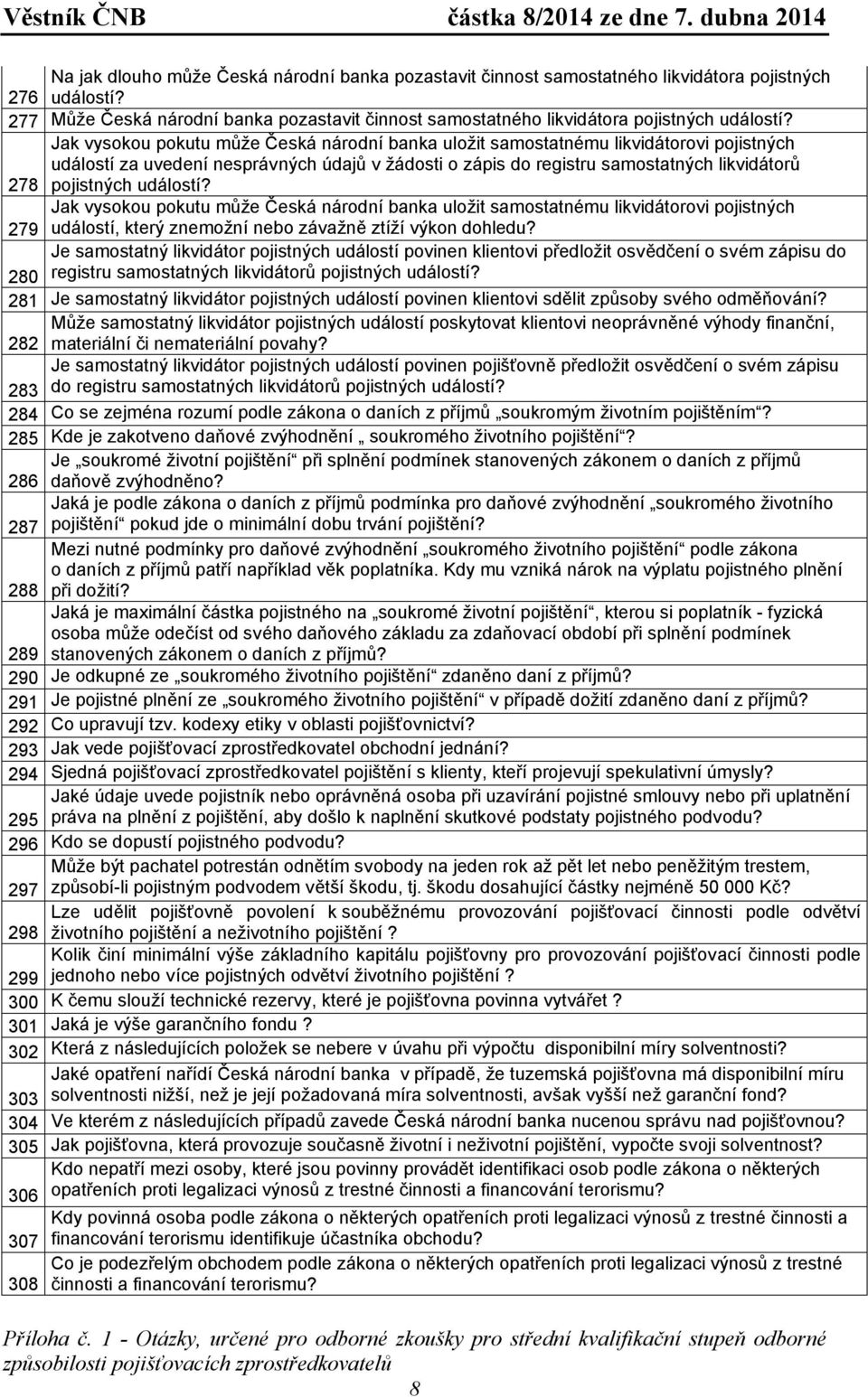 Jak vysokou pokutu může Česká národní banka uložit samostatnému likvidátorovi pojistných událostí za uvedení nesprávných údajů v žádosti o zápis do registru samostatných likvidátorů 278 pojistných