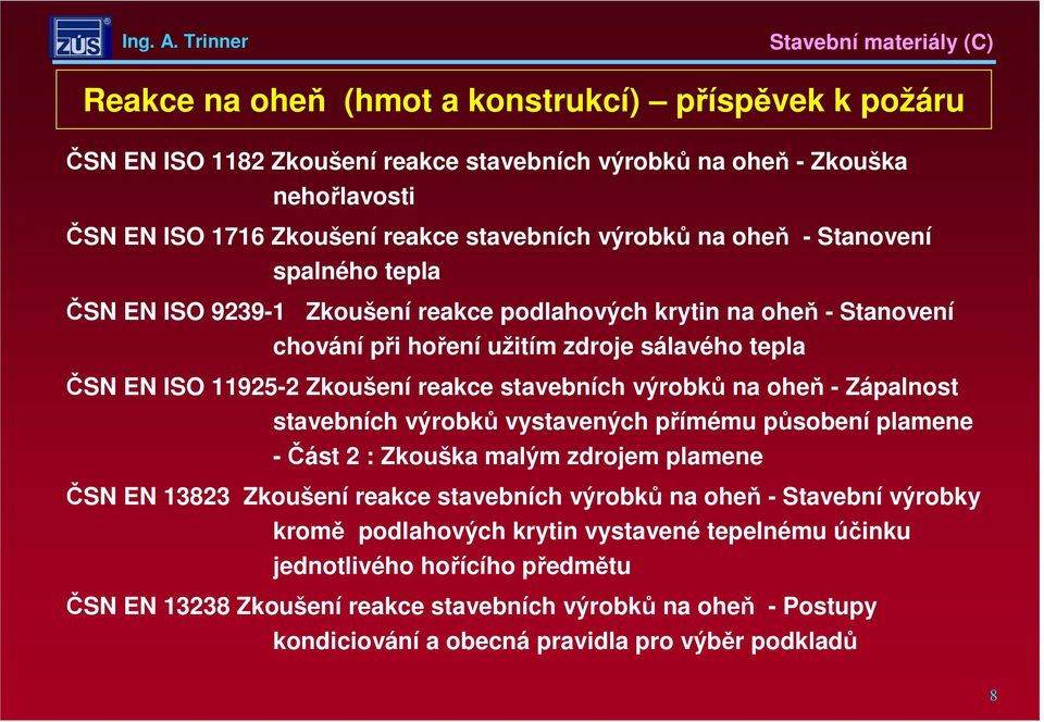 výrobků na oheň -Zápalnost stavebních výrobků vystavených přímému působení plamene - Část 2 : Zkouška malým zdrojem plamene ČSN EN 13823 Zkoušení reakce stavebních výrobků na oheň -Stavební