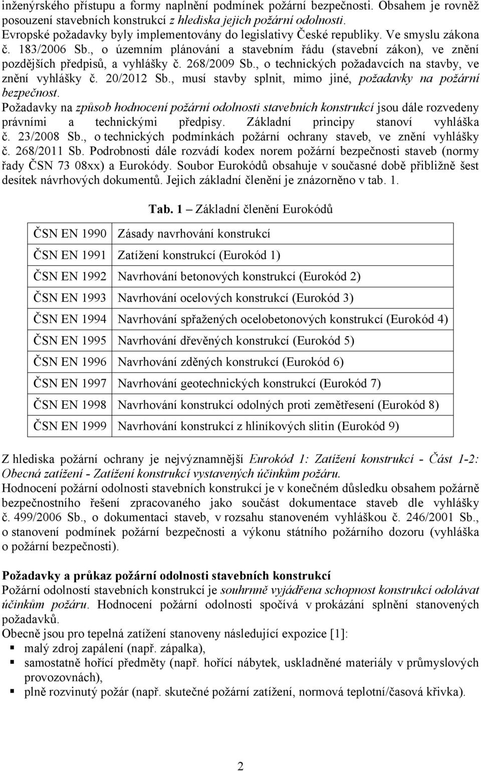 , o územním plánování a stavebním řádu (stavební zákon), ve znění pozdějších předpisů, a vyhlášky č. 268/2009 Sb., o technických požadavcích na stavby, ve znění vyhlášky č. 20/2012 Sb.