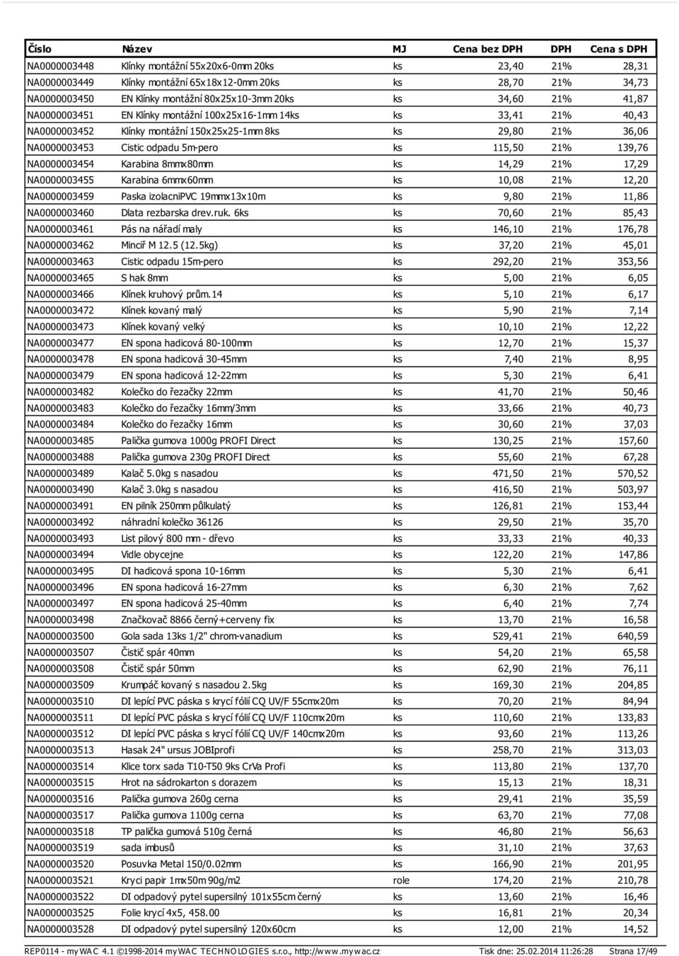 NA0000003454 Karabina 8mmx80mm ks 14,29 21% 17,29 NA0000003455 Karabina 6mmx60mm ks 10,08 21% 12,20 NA0000003459 Paska izolacnipvc 19mmx13x10m ks 9,80 21% 11,86 NA0000003460 Dlata rezbarska drev.ruk.