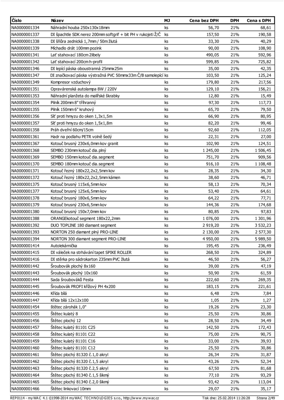 21% 725,82 NA0000001346 DI lepící páska oboustranná 25mmx25m ks 35,00 21% 42,35 NA0000001347 DI značkovací páska výstražná PVC 50mmx33m Č/B samolepící ks 103,50 21% 125,24 NA0000001349 Kompresor