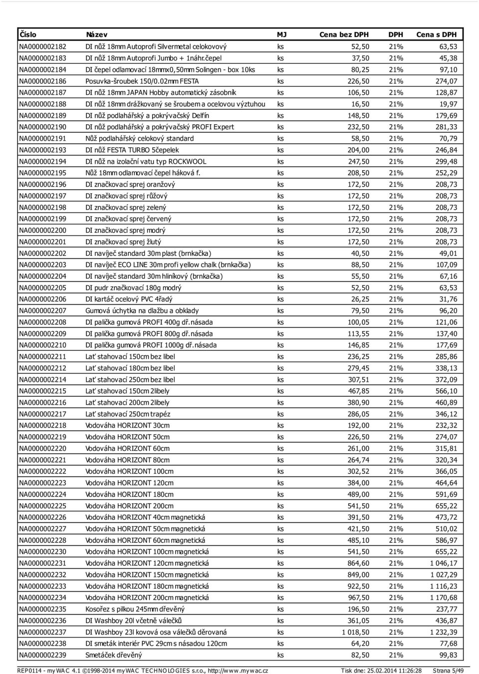 02mm FESTA ks 226,50 21% 274,07 NA0000002187 DI nůž 18mm JAPAN Hobby automatický zásobník ks 106,50 21% 128,87 NA0000002188 DI nůž 18mm drážkovaný se šroubem a ocelovou výztuhou ks 16,50 21% 19,97