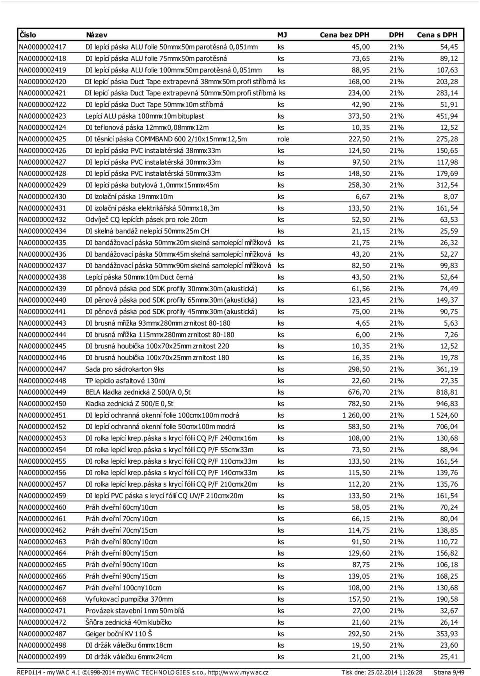 50mmx50m profi stříbrná ks 234,00 21% 283,14 NA0000002422 DI lepící páska Duct Tape 50mmx10m stříbrná ks 42,90 21% 51,91 NA0000002423 Lepící ALU páska 100mmx10m bituplast ks 373,50 21% 451,94