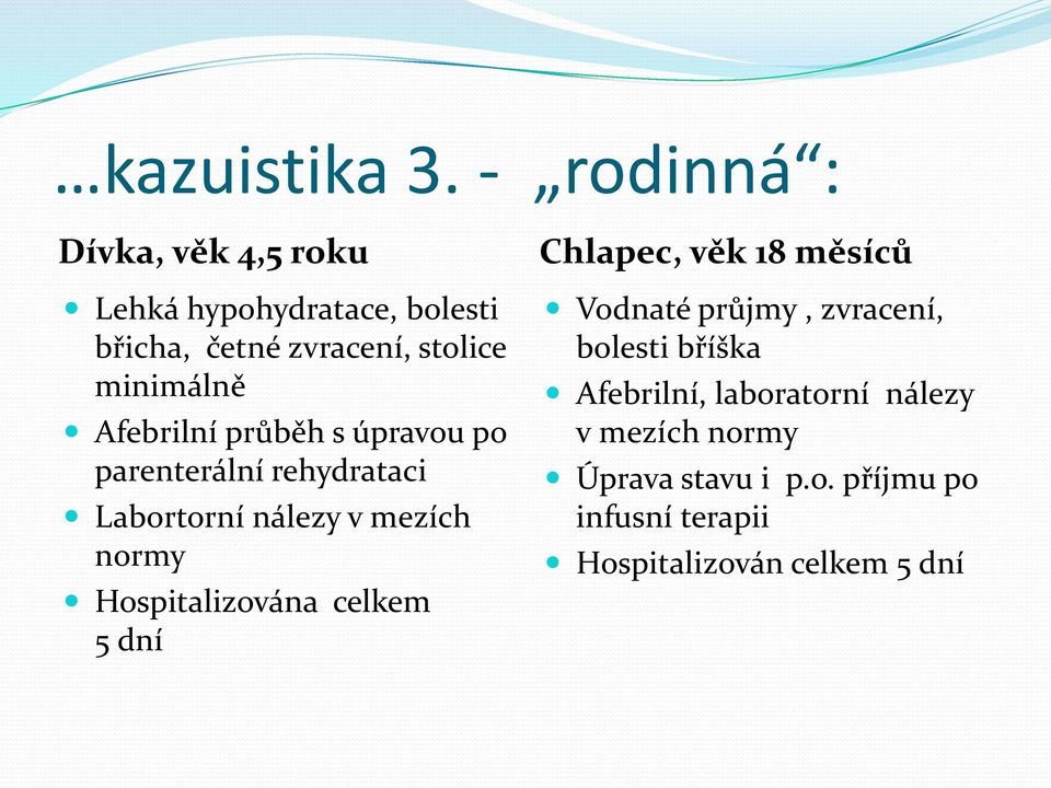 Afebrilní průběh s úpravou po parenterální rehydrataci Labortorní nálezy v mezích normy Hospitalizována