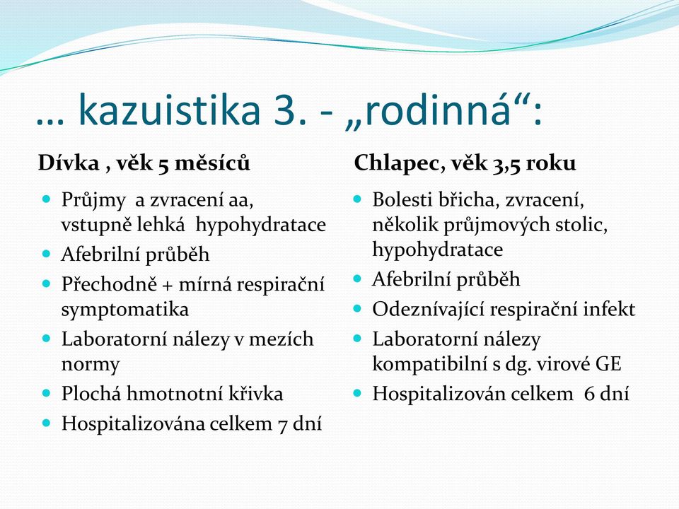 mírná respirační symptomatika Laboratorní nálezy v mezích normy Plochá hmotnotní křivka Hospitalizována celkem 7