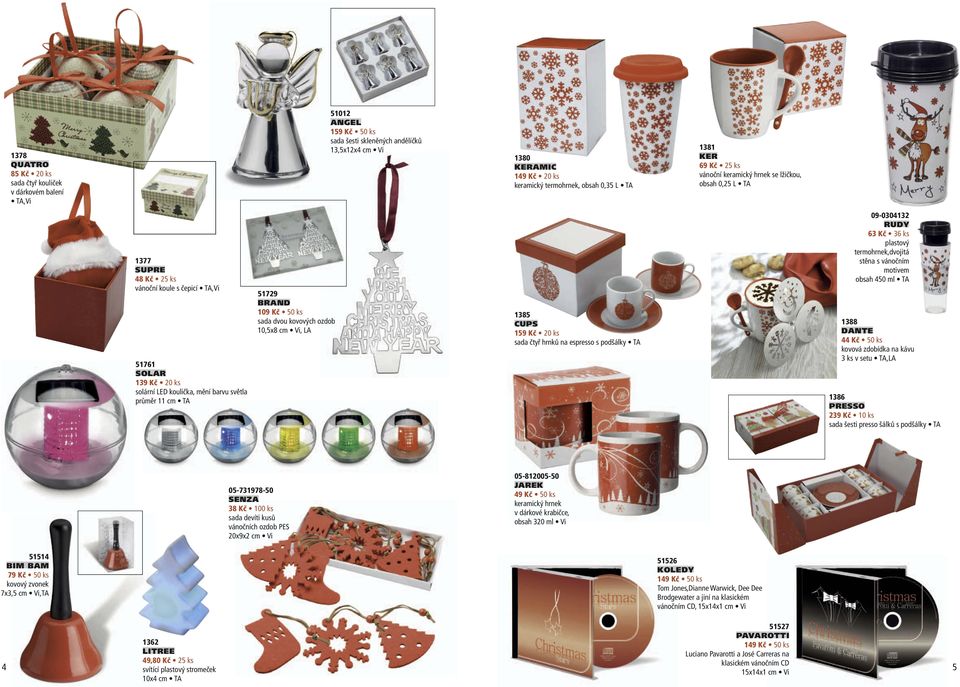 51729 BRAND 109 Kč ks sada dvou kovových ozdob 10,5x8 cm Vi, LA 1385 CUPS 159 Kč ks sada čtyř hrnků na espresso s podšálky TA 09-0304132 RUDY 63 Kč 36 ks plastový termohrnek,dvojitá stěna s vánočním