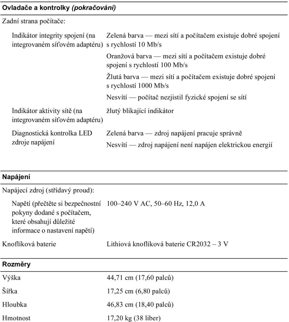 spojení se sítí Indikátor aktivity sítě (na žlutý blikající indikátor integrovaném síťovém adaptéru) Diagnostická kontrolka LED zdroje napájení Zelená barva zdroj napájení pracuje správně Nesvítí