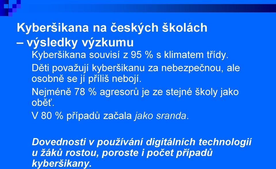 Nejméně 78 % agresorů je ze stejné školy jako oběť. V 80 % případů začala jako sranda.